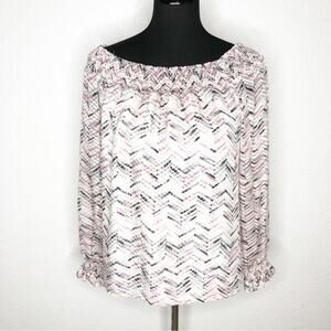 WHBM white black pink graphic off shoulder silk blend top size Medium